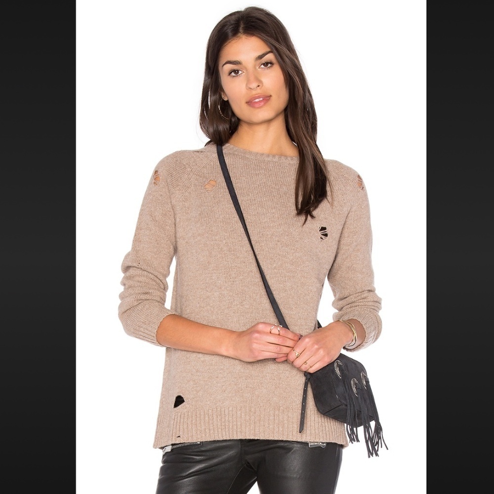 Anine Bing Distressed Taupe Brown Wool Blend Pullover Sweater